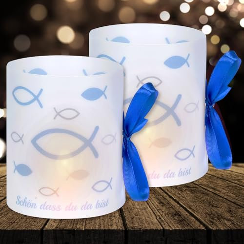 16 Windlichter Tischdeko Taufe Deko Kommunion Deko Windlicht Fisch Deko Junge Mädchen Schön dass du da bist Deko für Teelicht und Kerzen Deko (mit farbigen Seilen)