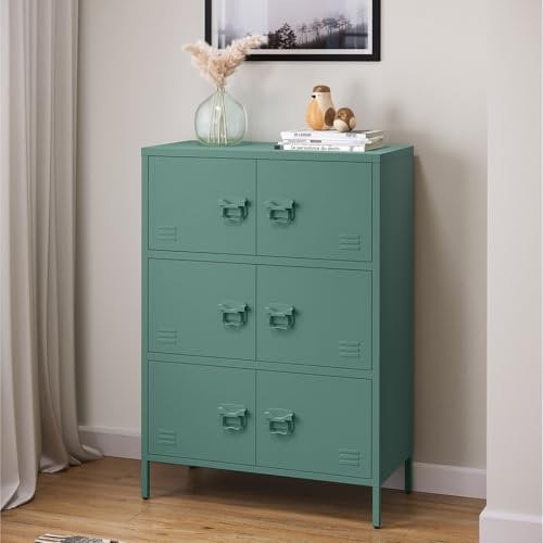 skølm Metallkommode Zandor, Wohnzimmerschrank mit 3 Fächern dunkelgrün, Sideboard, Mehrzweckschrank Stahl 3x2, 113,5x80x38 cm