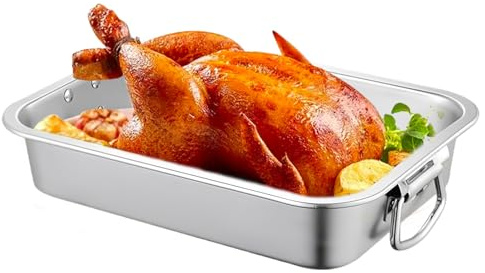 Backblech Edelstahl mit Griffen, 40 x 30 x 7cm Rechteckig Auflaufform Ofenblech Kuchenblech Backofen Ofenform Größe Baking Sheet, Ungiftig Gesund Leicht zu Reinigen&Spülmaschinenfest, Silber