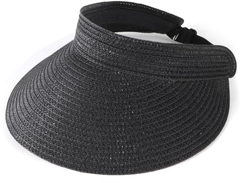 HeyCaps Women’s Visor Straw Hat - Summer Foldable Sun Protection Travel Breathable Adjustable Wide Brim Casual Beach Hat Stylish Black