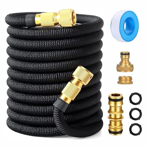 50FT Professional Garden Hose with with 1/2-3/4 Brass Fittings,Universal Tap Connector - Leakproof Black Water Hose for All Seasons, Fits Any Faucet, Extra Durable Expandable Design