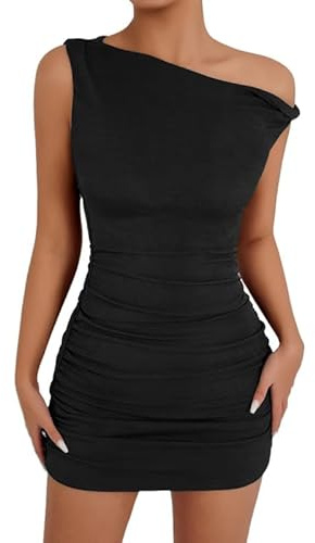 Sukiglam Robe Moulante Femmes Sexy sans Manches Une Épaule Robes Courte Ete Élégante Slim Mini Robe Fourreau Asymétriques Plissée Bodycon Wrap Robes de Soiree Clubbing Cocktail Fête