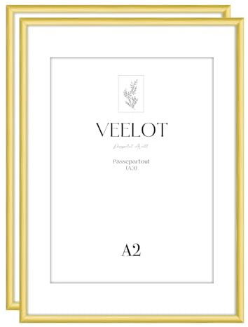 Veelot® 2x Cadre Photo DIN A2 42x59.4cm,Métal Aluminium,Doré Mat,Passe-partout 29.7x42cm,Grand Tableau 42x60cm,Affichescadre Affichepour Accrocherau Format Paysage et Portrait