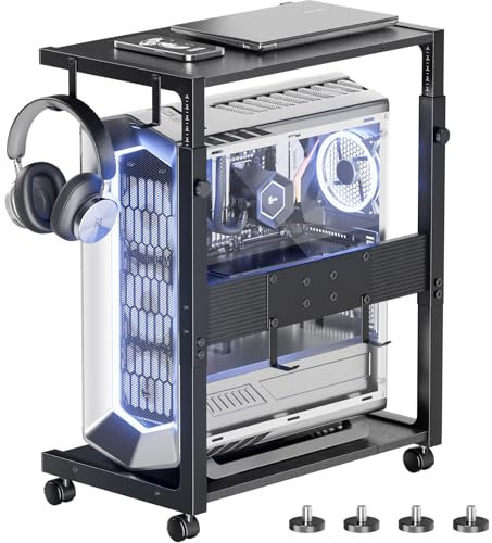 JANE EYRE Computer Tower Stand - Adjustable PC Tower Stand CPU Holder Cart with Wheels and 4 Hooks for Home Office Classroom,23.03-28.3 H