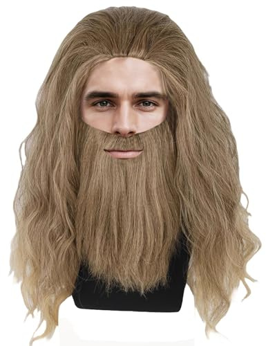 YOUYIKE Perücke Herren Karneval Cosplay Vollbart Wig Langhaar Gelockt Zauberer Perücke mit Bart für Fasching Kostüm Party