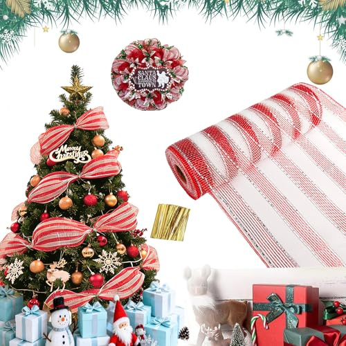 Guirnalda Decorativa Navideña,Guirnalda para Árbol De Navidad,Cinta De Malla De Lámina Dorada,Decoración De Jardín con Barandilla para Fiesta De Bodas De Pascua,26Cm X 9,14M (Rojo Blanco + Plateado)