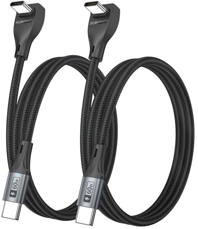 SUNGUY Right Angle USB C Cable 2Pack 1m, 60W Fast Charging Type C Cord | Braided 90 Degree USB C to USB C Data Cable for iPhone 17/16/15 Pro Max, Tesla Model Y, MacBook, iPad, Samsung