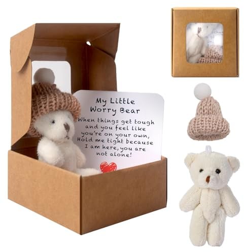 Worry Bear Hug in a Box, A Little Pocket Bear Hug Mini Plush Bears in Box | Pocket Bears with Inspirational Card Positive Gift for Women Men Valentine's Day Christmas