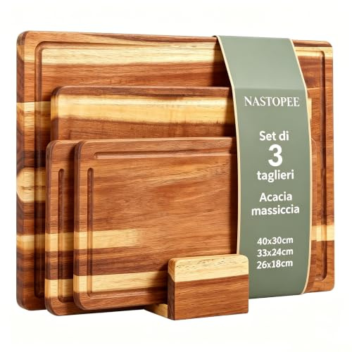 Set di 3 taglieri in legno di acacia resistente,tagliere legno,Tagliere da cucina con supporto,scanalature,percarne,verdura,frutta,pane o come vassoio da portata per gli ospiti,Taglieri legnospessi2cm