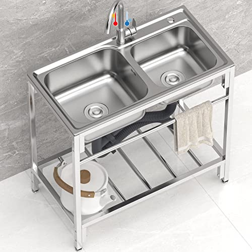 Lavello da Cucina Indipendente in Acciaio Inox per Esterni - 2 Vasche con Rubinetto Freddo Caldo per Ristorante/Giardino 83x45x85cm