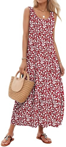 MOLERANI Maxi Dress for Women UK Sleeveless Summer Dresses for Women Scoop Neck Ladies Dress with Pockets Floral Red M