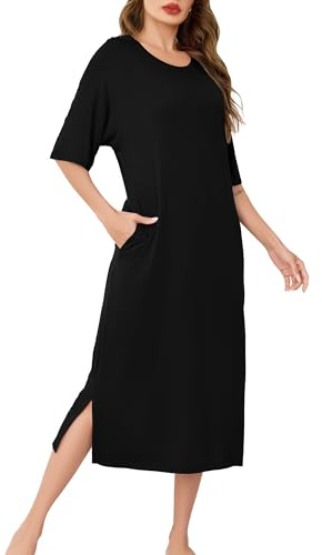 Wikoan Chemise de Nuit Longue Chemise de Nuit à Manches Courtes pour Femmes Grande Taille Doux Robe de Nuit Ete Vêtements de Nuit avec Poches S-XXL