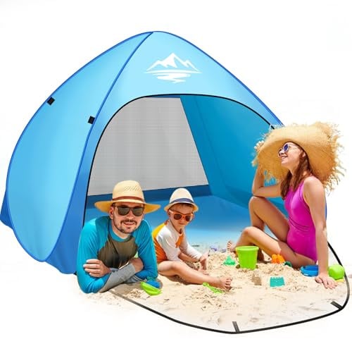 Strandmuschel Pop Up Strandzelt 3-4 Personen mit Reißverschlusstür | Strand Zelt mit UV-Schutz 50+ Windschutz, Automatisches Tragbarer Wurfzelt Tragetasche und Heringe für Familie Garten