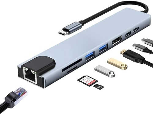 Hub USB C 8 en 1 con HDMI 4K@30Hz, Ethernet 100W PD USB 3.0/2.0 | Adaptador Multipuerto Concentrador Puerto de Datos Lector SD/TF para Macbook Air/ Neo/ Pro iPad DELL HP Windows