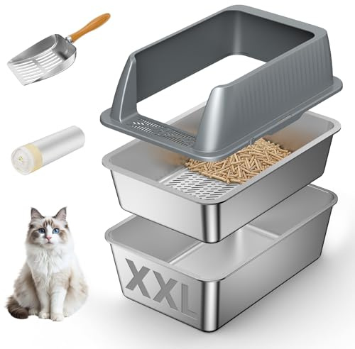 XXL Stainless Steel Sifting Litter Box with Lid,Sifting Cat Litter Box for Wood Pine Pellets,16''High Sides Sifter Litter Pan System,Odor Control,Easy to Clean,with Liners and Scoop