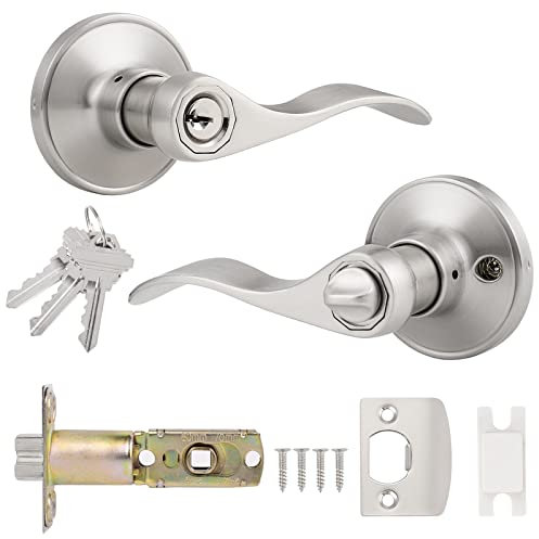 Probrico 1 Pack Satin Nickel Door Handle Lock, Entrance Door Lever with Key, Key Exterior Door Lock Entry Handles with Lock, Safe Lockset Exterior Wave Style Door's Handle