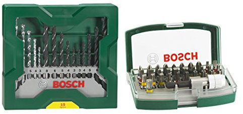 Bosch 2 607 017 063 - Set con 32 unidades para atornillar (incluye puntas de seguridad) - 130 x 67 x 45 + Bosch X-Line - Conjunto de 15 brocas para madera, piedra y metal