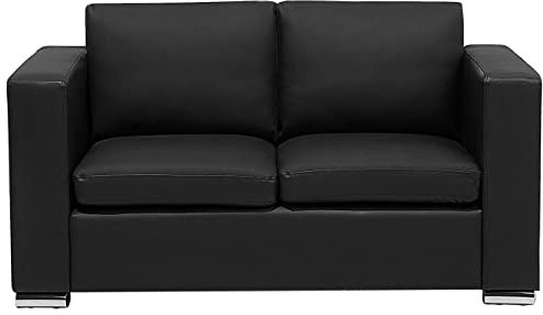 2-Sitzer Sofa Echtleder schwarz mit Breiten Armlehnen Edelstahlfüße Helsinki