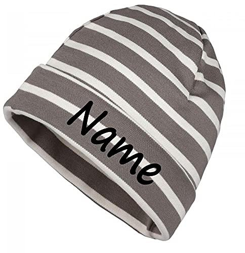 Elefantasie Mütze Taupe Natur gestreift mit Namen oder Text personalisiert für Baby oder Kind aus 100% Baumwolle mit UV-Schutz
