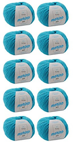 Merino Wolle zum Häkeln - 10 Knäuel Merinowolle gletscher (Fb 2002) - türkis blaue Wolle Merino Mix - Wolle Mix zum Häkeln + GRATIS MyOma Label - 50g/120m - MyOma Wolle - weiche Wolle - Merinogarn