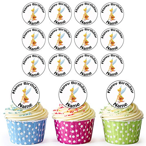AK Giftshop Tinkerbell Tinker Bell - 24 Personalised Edible Cupcake Toppers/Birthday Cake Decorations - Easy Precut Circles