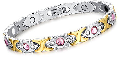 Cupimatch Damen Magnetarmband, elegant Lieben Magnet Therapie Edelstahl Armband Armreif mit pink weiss Strass Gesundheitsarmband, silber gold