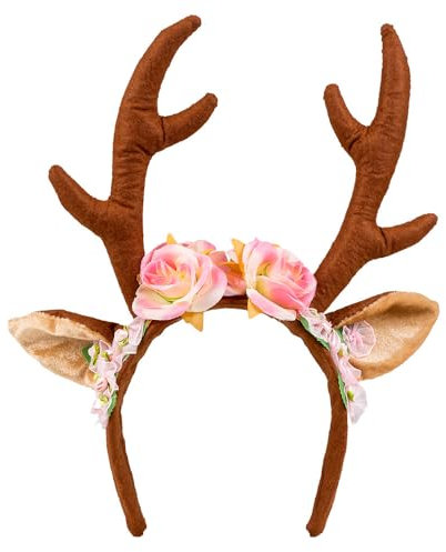 Boland 04276 - Haarreif Rentier mit Ohren und Blüten, Tiara, Kopfbedeckung, Reh, Hirsch, Tier, Accessoire, Mottoparty, Karneval, Kostüm