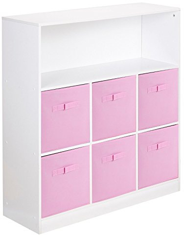 URBNLIVING White Wide 7 Cube Bookcase + 6 Light Pink Non Woven Drawers