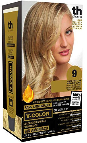Thader Th Pharma V-Color Kit de Tinte permanente Sin Amoniaco con Oro Líquido 100% Cobertura de canas, 120 ml (No. 9 Rubio muy claro)