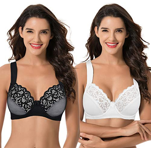 Curve Muse Plus Size Unlined Underwire Lace Bra with Padded Shoulder Straps-2PK - White - 36E