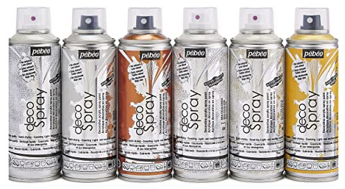 PEBEO - decoSpray - Peinture Acrylique en Spray - Décoration Multi Supports en Intérieur et Extérieur - Base Eau, Faible Odeur - 200 ml - Assortiment de 6 Sprays - Tons Métal, Nacrés et Pailletés