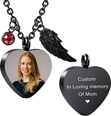 MeMeDIY Personalisierte Engelsflügel Anhänger Herz Urne Halskette Gravur Foto/Name Geburtssteine für Männer Frauen Hund Katze Haustier Edelstahl Asche Memorial Trichter Kit