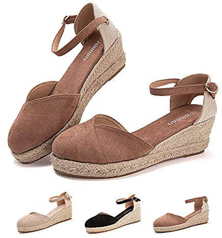 Hitmars Plateau Sandalen Damen Espadrilles mit Keilabsatz Keilsandalen Absatz Espandrillos Sommer Frauen Schuhe Geschlossene 1 Khaki 36 EU
