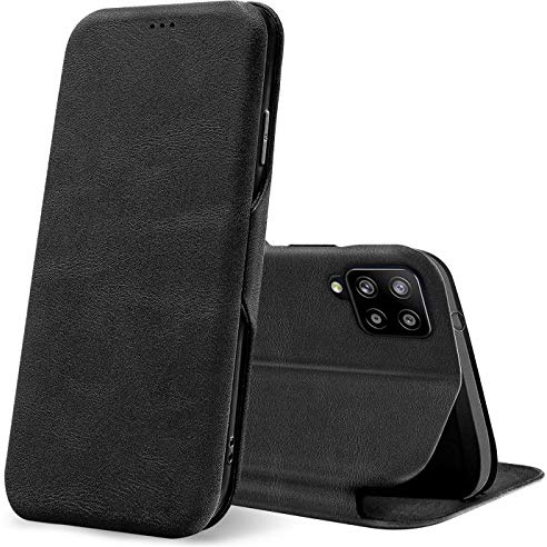 CoolGadget Klapphülle für Samsung Galaxy A12/M12 mit Kartenfach Schwarz | Business Flip Case mit Standfunktion, Magnetverschluss, strukturierte Oberfläche, schlank und leicht