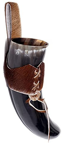 Brillibrum Gobelet design en corne de vache véritable polie avec poignée - Verre viking en corne - Chope à bière médiévale unique - 400 ml - Corne de vache avec support en peau de vache