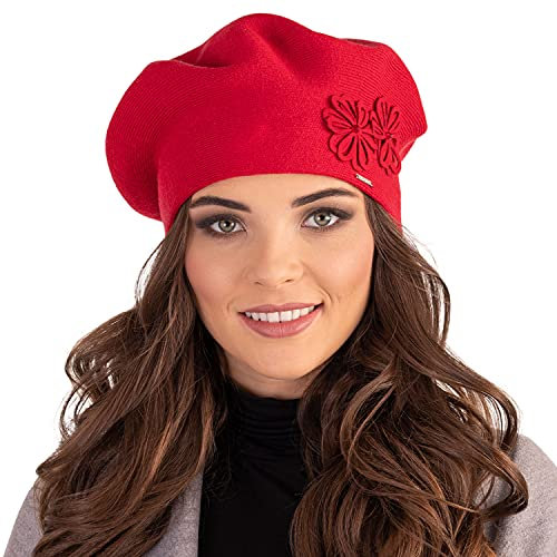 VIVISENCE Damen Baskenmütze Warm Und Gemütlich Wintermütze An Winter Und Herbst Warme Dick Strickmütze, Kopfbedeckung Eleganter Klassisch Mütze Für Frauen Modell 7007, Rot,Einheitsgröße