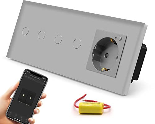 BSEED Schuko WLAN Steckdose mit Single Live Wifi Touch Schalter Wandsteckdose Unterputz Senkrecht aus Glas mit Doppelt Smart Alexa Lichtschalter(Kein Neutralleiter Erforderlich) 2 Fach 1 Weg Grau