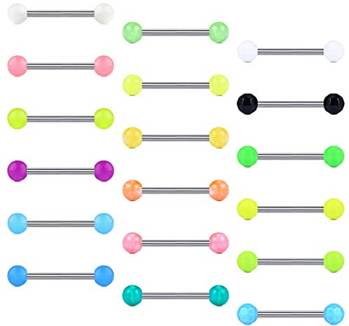 LAURITAMI 18pcs Piercing Lengua Pezon Barra 14G 14mm 16mm Acero Quirurgico Pezon Anillos Lengua Piercing Joyas