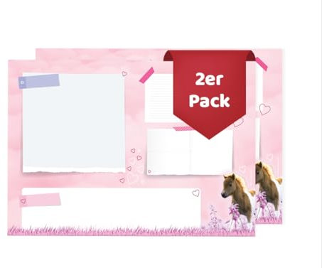Friendly Fox Pferde Schreibtischunterlage Papier, 2x DIN A2 Kinder Schreibtischunterlage, 25 Blatt Block zum Malen Schreiben, Doppelpack