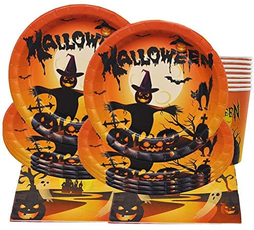 Lipfer Suministros para Fiestas De Halloween con Vasos De Plástico, Platos De Papel, Platos Y