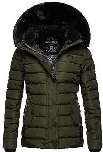 Navahoo Damen warme Winter Steppjacke mit abnehmbarer Kunstfell-Kapuze Milianaa Olive Gr. L