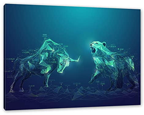 Pixxprint Stier vs. Bär – Börse Aktien als, Größe: 60x40cm, Leinwandbild, fertig gespannt, Wandbild, Dekoration, Kunstdruck, kein Poster