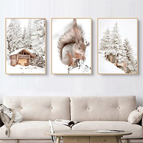 Martin Kench 3er Poster Set, Winter-Schneelandschaft Bilder, Eichhörnchen, Kiefer, Elch, Wald Wandbilder Modern Wanddeko für Wohnzimmer, ohne Rahmen (A,40x50cm)
