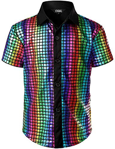 JOGAL Jungen Pailletten Glitzer Hemd Kinder Kurzarm 70s Disco Party Kostüm Jahre 10 Mehrfarbig