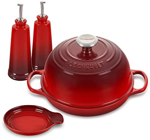 Le Creuset Brotbackofen, emailliertes Gusseisen, mit Öl- und Essig-Set und Löffelablage, Kirschrot