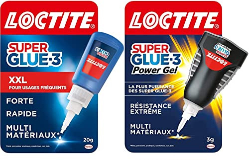 Loctite Super Glue-3 XXL, colle forte grand format pour usages fréquents, colle liquide à séchage immédiat, colle transparente, flacon de colle 20 g & Super Glue-3 Power Gel Control, 3 g