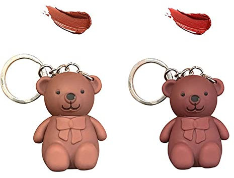 Süßer Bären Lippenstifte Schlüsselanhänger, 2 in 1 Lipgloss Schlüsselanhänger aus mattem Samt, tragbarer, wasserdichter Bären-Schlüsselanhänger, Lippenstift-Make-up für Frauen (A1+A2)