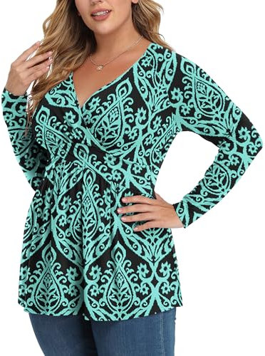 TIANZHU Plus Size Long Sleeve Blouse Elegant Wrap Shirt V-Neck Empire Waist Cute Tunic for Women Casual and Work, F Black Green, 2XL