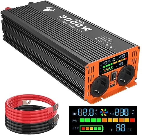 Convertisseur 12V 220V 3000W /6000W 230V Onde Sinusoïdale Modifiée Onduleur pour Camping Voiture/Maison Transformateur et Dual AC Priseset de Courant Alternatif et 1 Port USB et Affichage LED