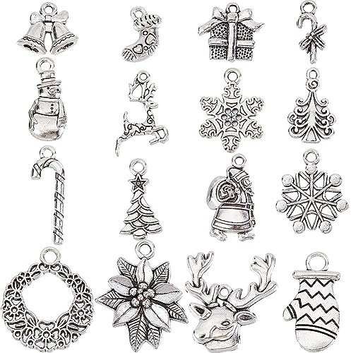 SUNNYCLUE 1 Box 64Pcs 16 Style Christmas Charm Bulk Silver Christmas Charm Tibetan Alloy Candy Snowflake Snowman Xmas Bell for jewellery Making DIY Necklace Bracelet